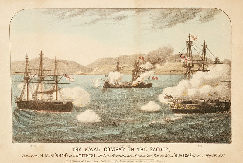 El Huáscar se enfrenta al Amethyst y al Shah en el Pacífico, 29 de mayo de 1877. H. M. Currie & Son.